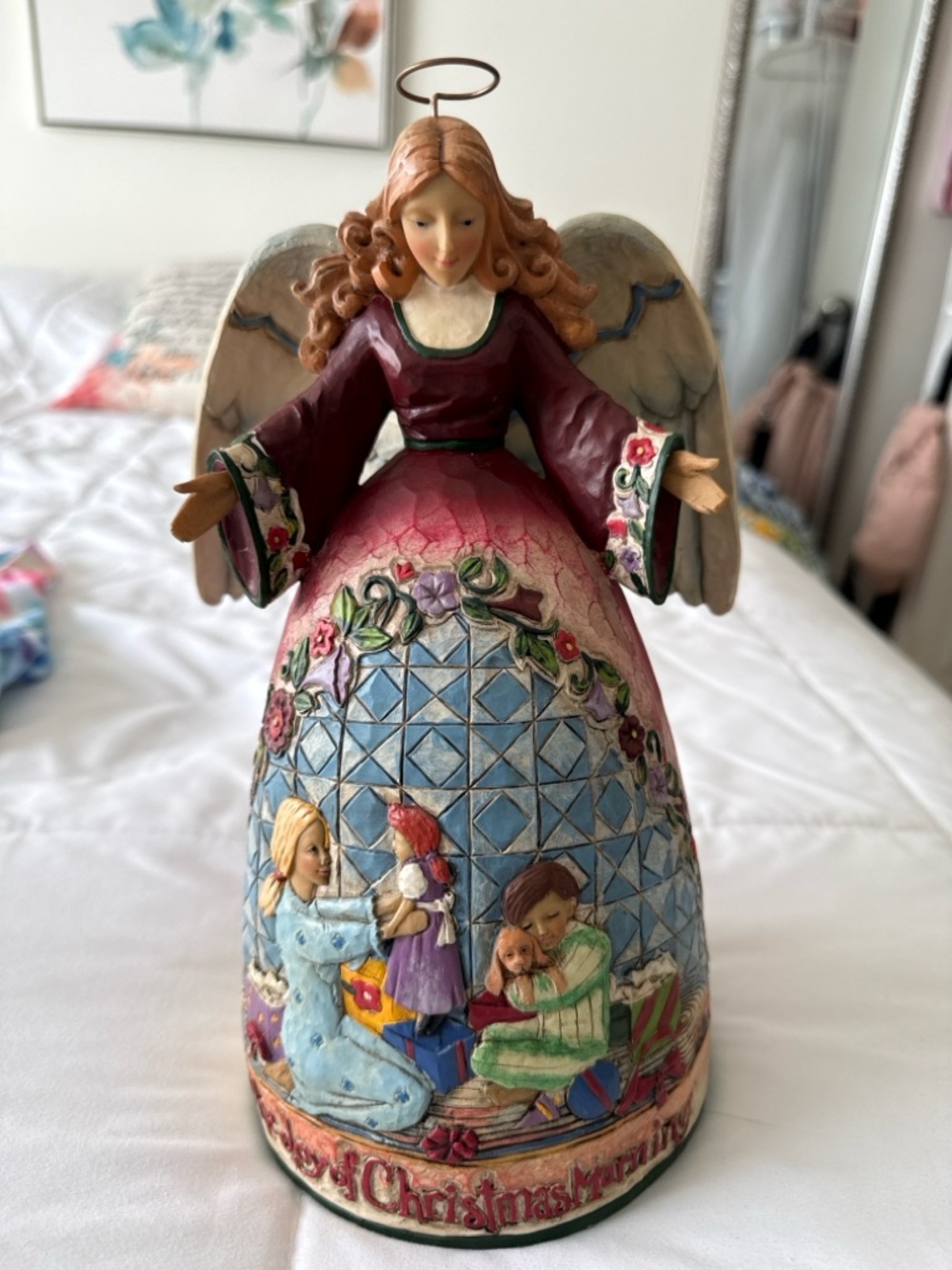 Jim Shore Burgundy and Blue Holiday Angel Figurine. Hand crafted wood.